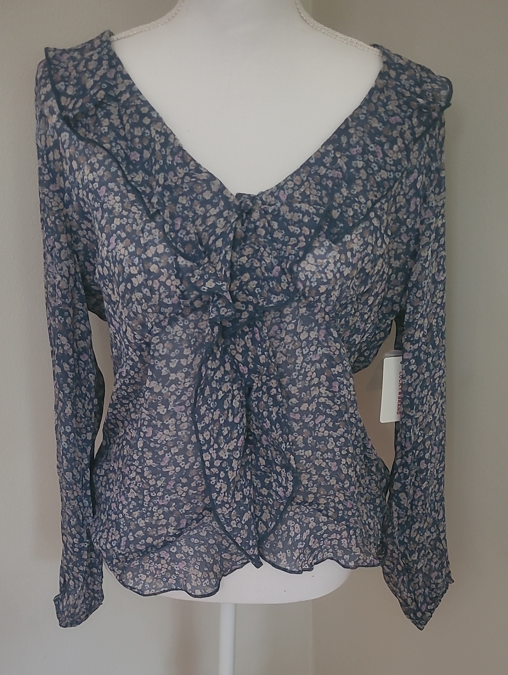Lucky Brand Sheer Blue Floral Peasant Ruffle Button Up Blouse NWT